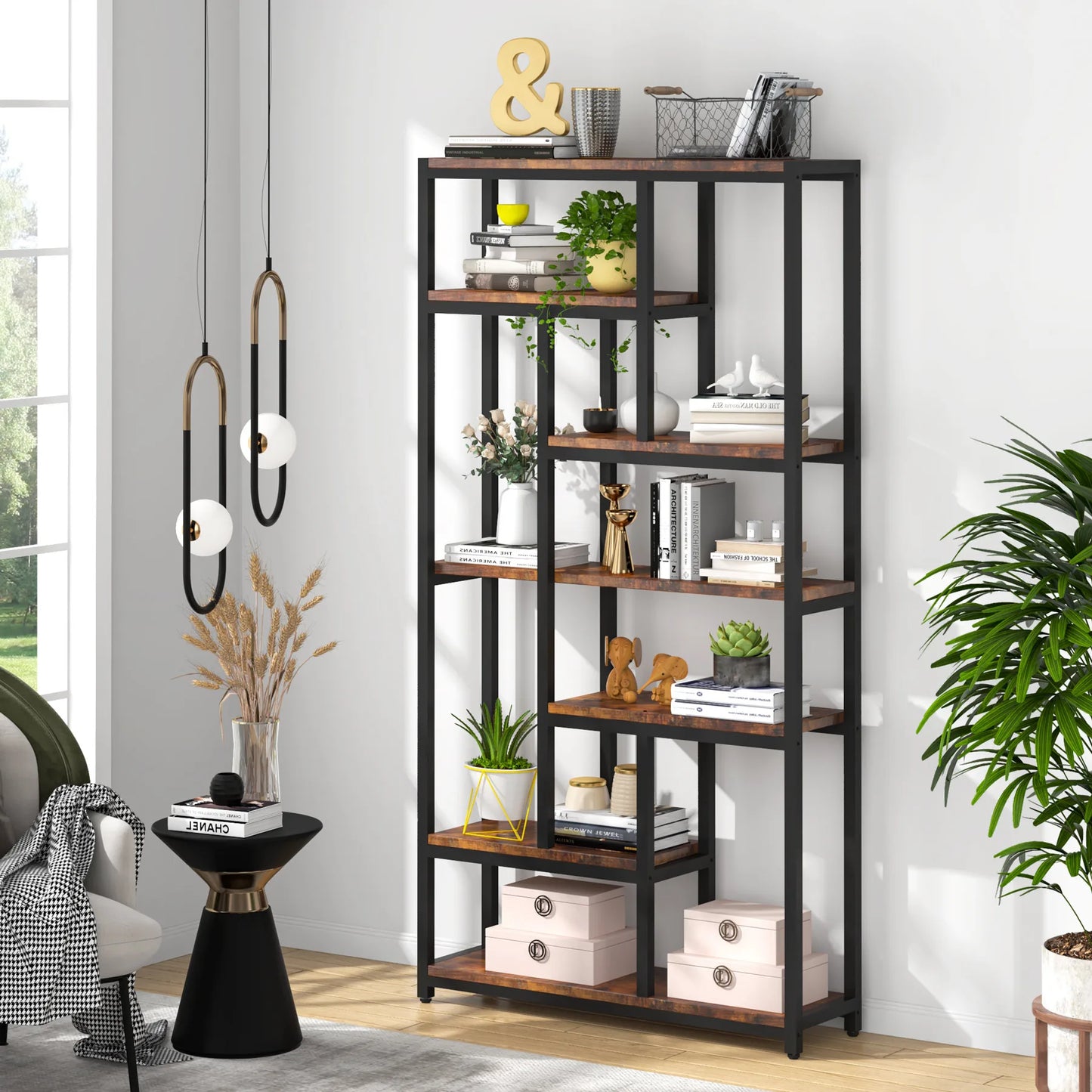 Ljustra Modern 8-Tier Staggered Bookcase Wide Wood Etagere Shelving Unit