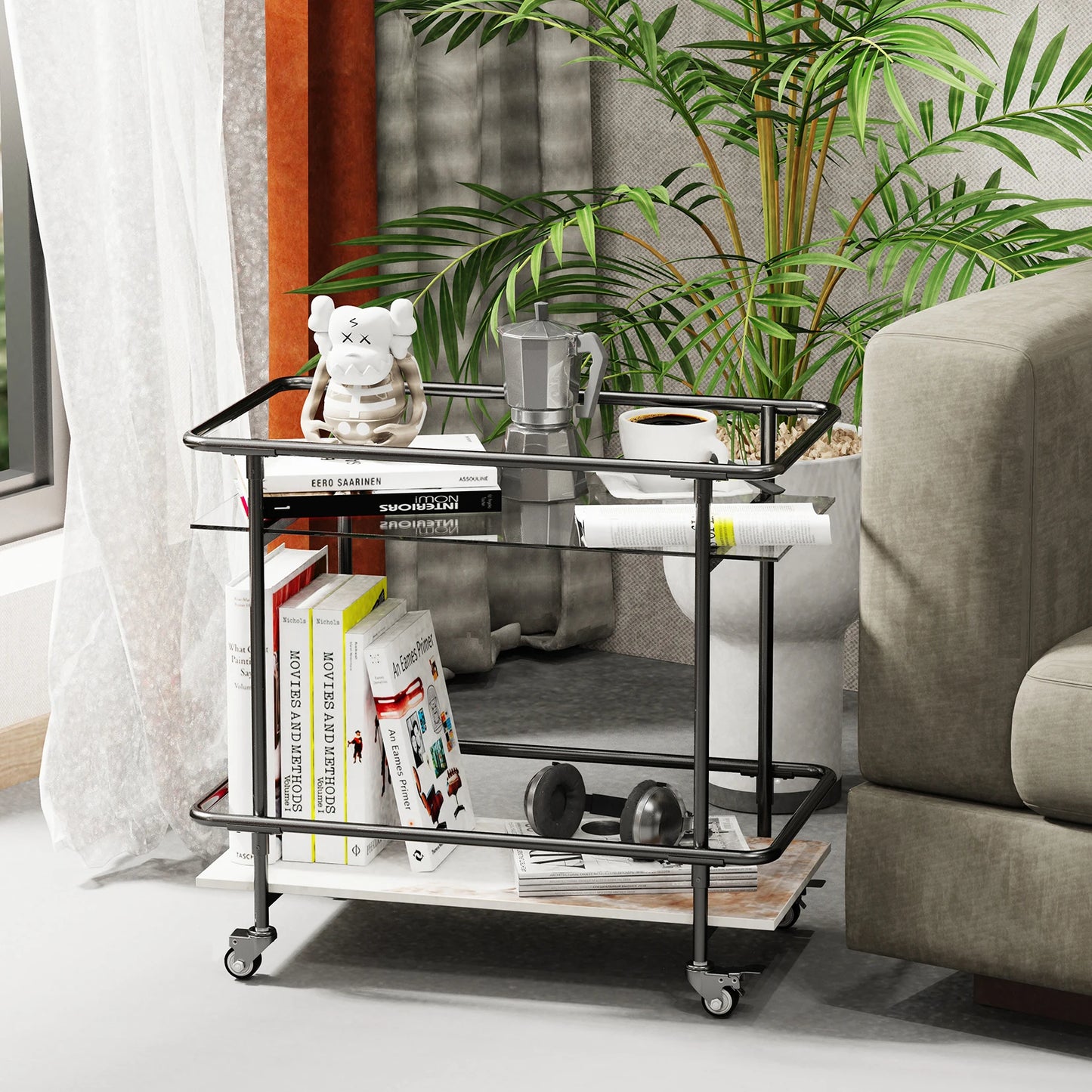 Luxury Modern Rolling Bar Cart 2-Tier Serving Cart with Lockable Wheels