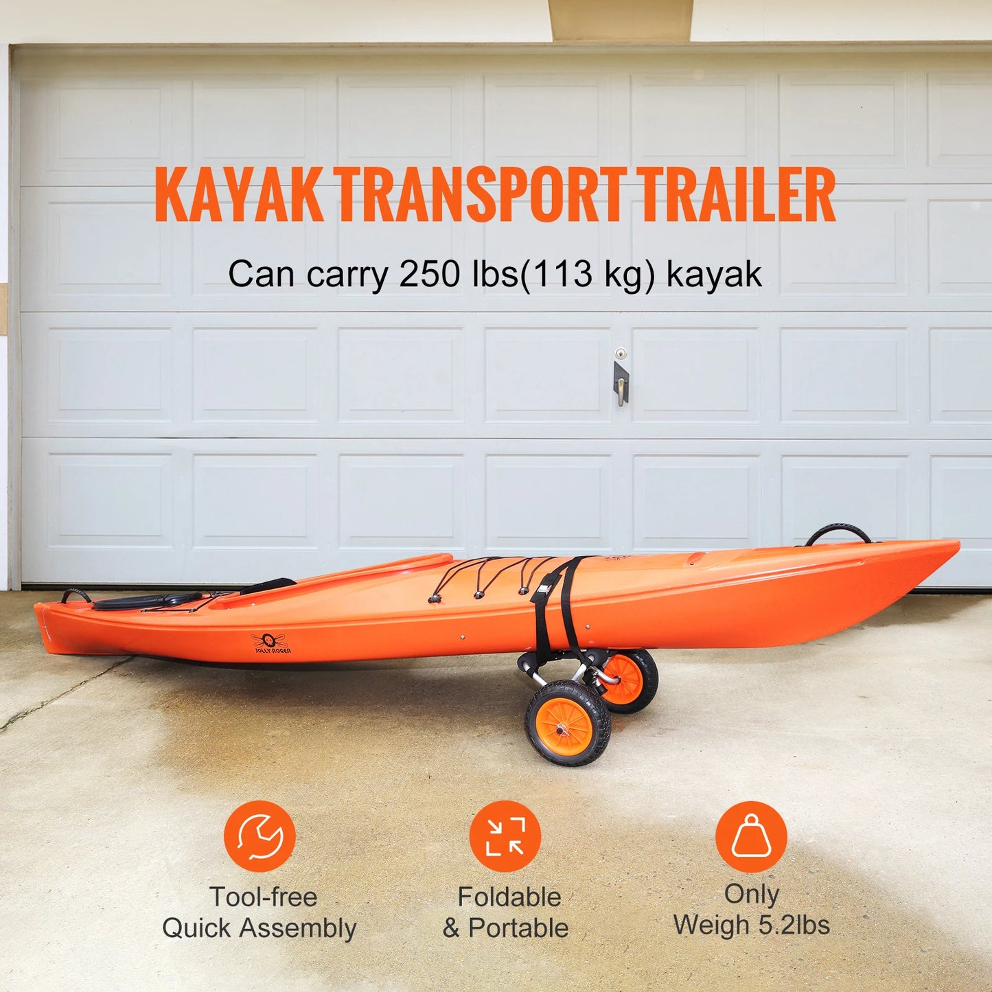 Ljustra Kayak Cart 250lbs Foldable Canoe Trolley with 10 Inch Tires