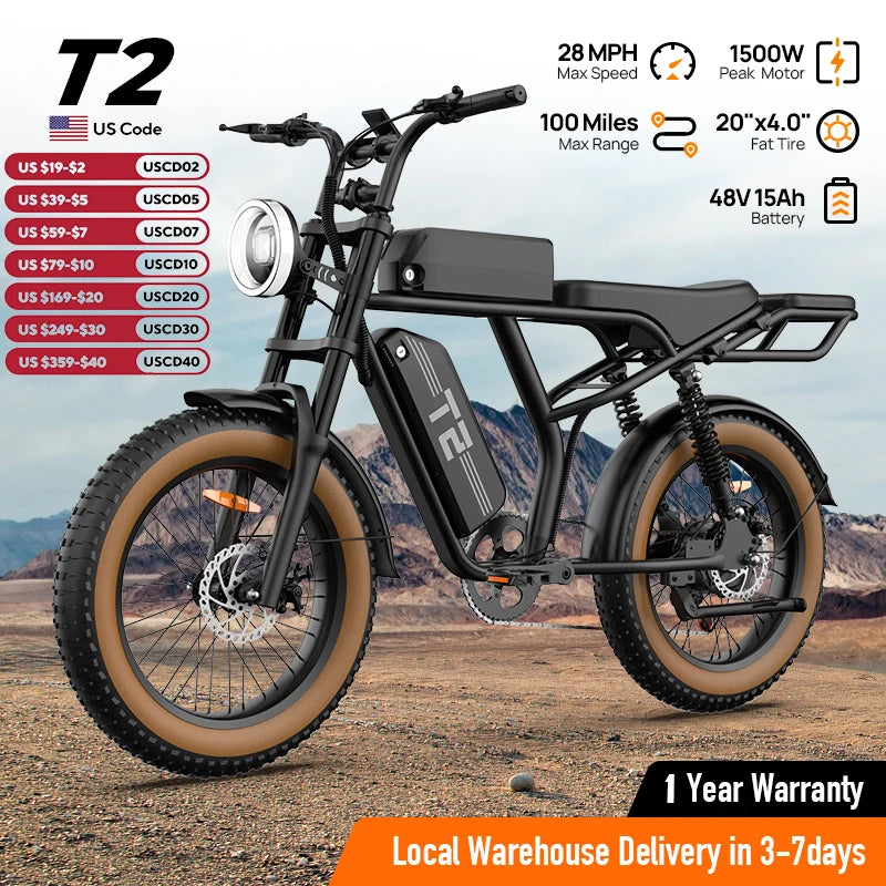 1500W Electric Mountain Bike 48V 100 Mile Range Fat Tire E-Bike