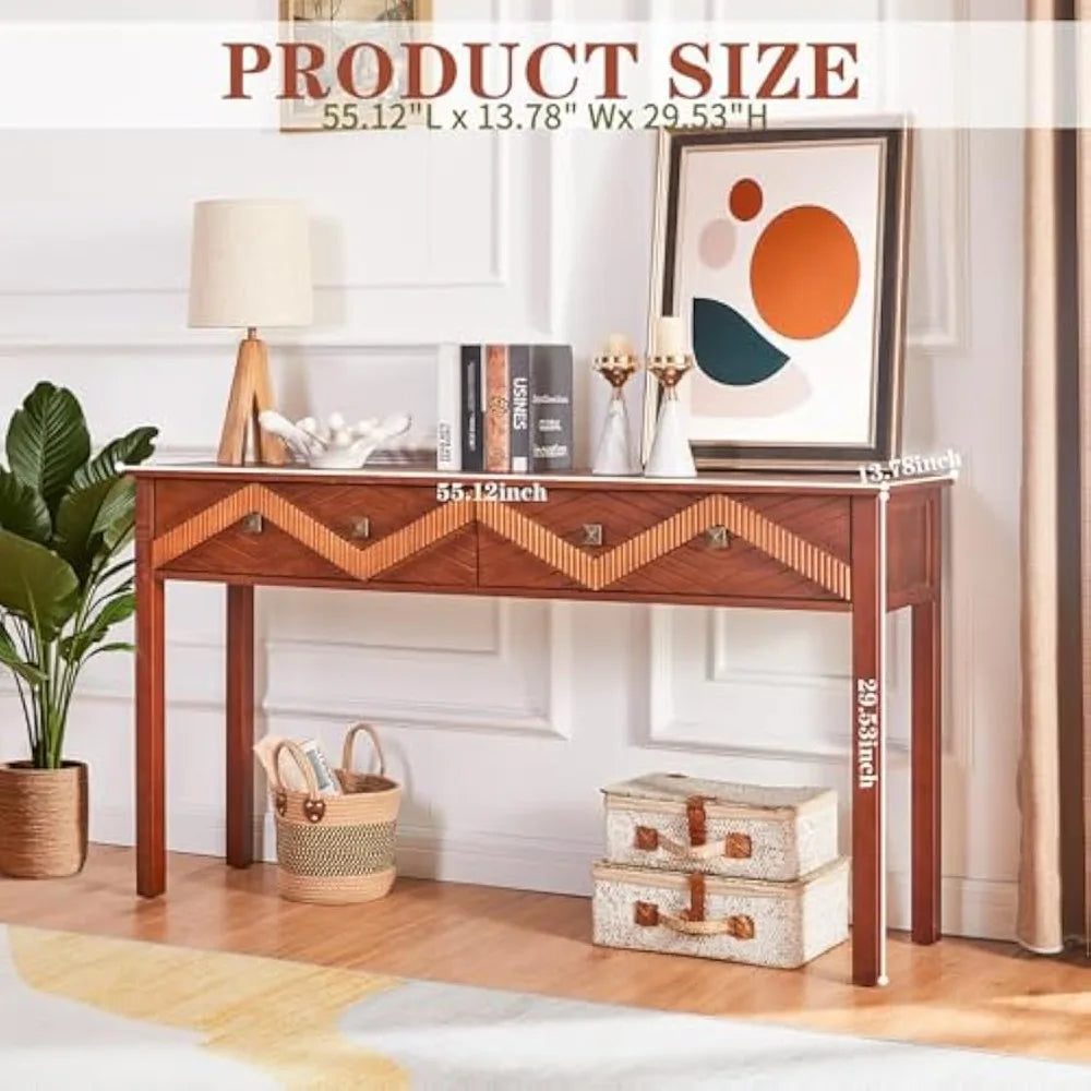 55 Inch Mid Century Modern Console Table with 2 Drawers for Entryway
