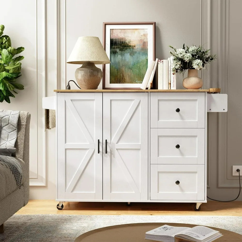 Kitchen Island with Power Outlet Rolling Cart Storage 3 Drawers Adjustable