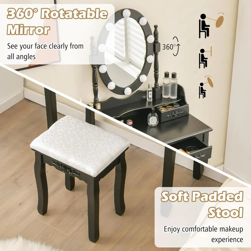 Vanity Table Set with Lighted Mirror Adjustable Brightness Storage