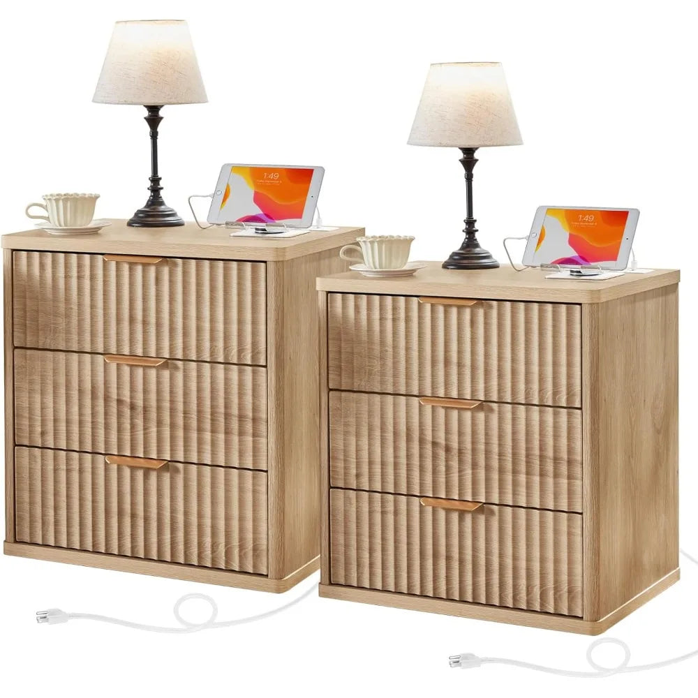 23 Inch Wide Fluted Night Stand Set of 2 with Charging Station and Drawers