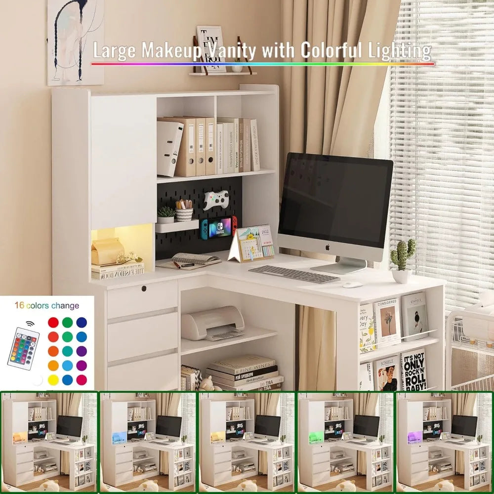 Modern L Shaped Desk with Drawers Bookshelf Corner Home Office LED Light