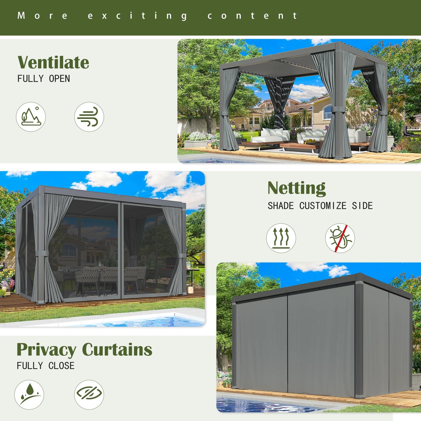 Adjustable Louvered Pergola Aluminum Frame Waterproof Gazebo Backyard