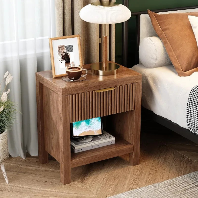 Nightstand Set of 2 Modern Bedside Table with Storage Fluted Cabinet