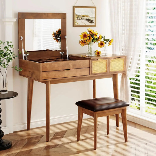 Classic Wood Makeup Vanity Desk Set with Flip-top Mirror and Stool