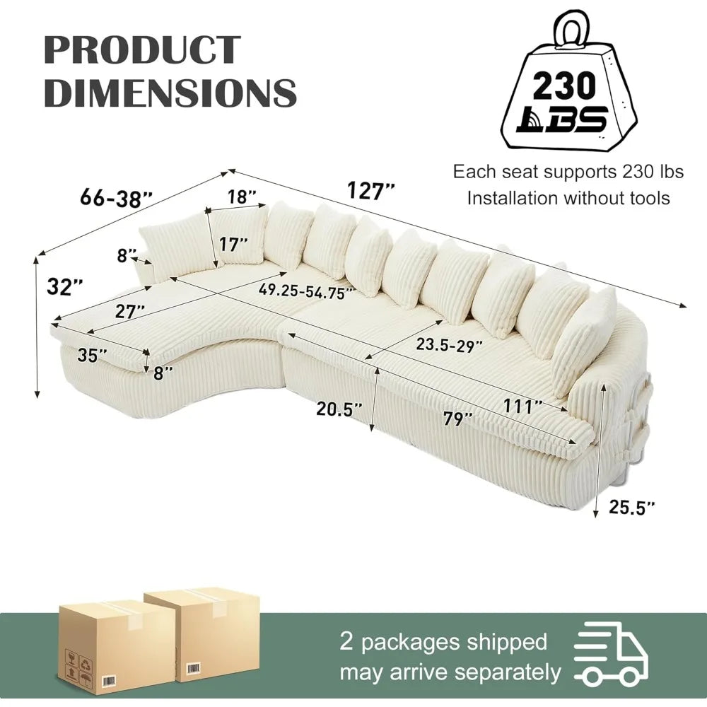 Ljustra Cloud Sectional Sofa L Shaped Couch Large Corduroy for Living Room and Apartments