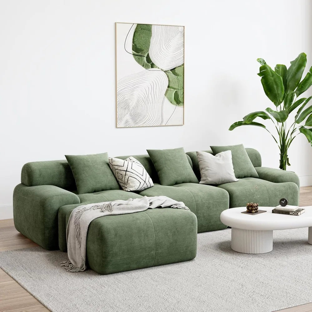 Ljustra 118" L-Shaped Modular Sectional Sofa Green Corduroy Upholstery Deep Seat