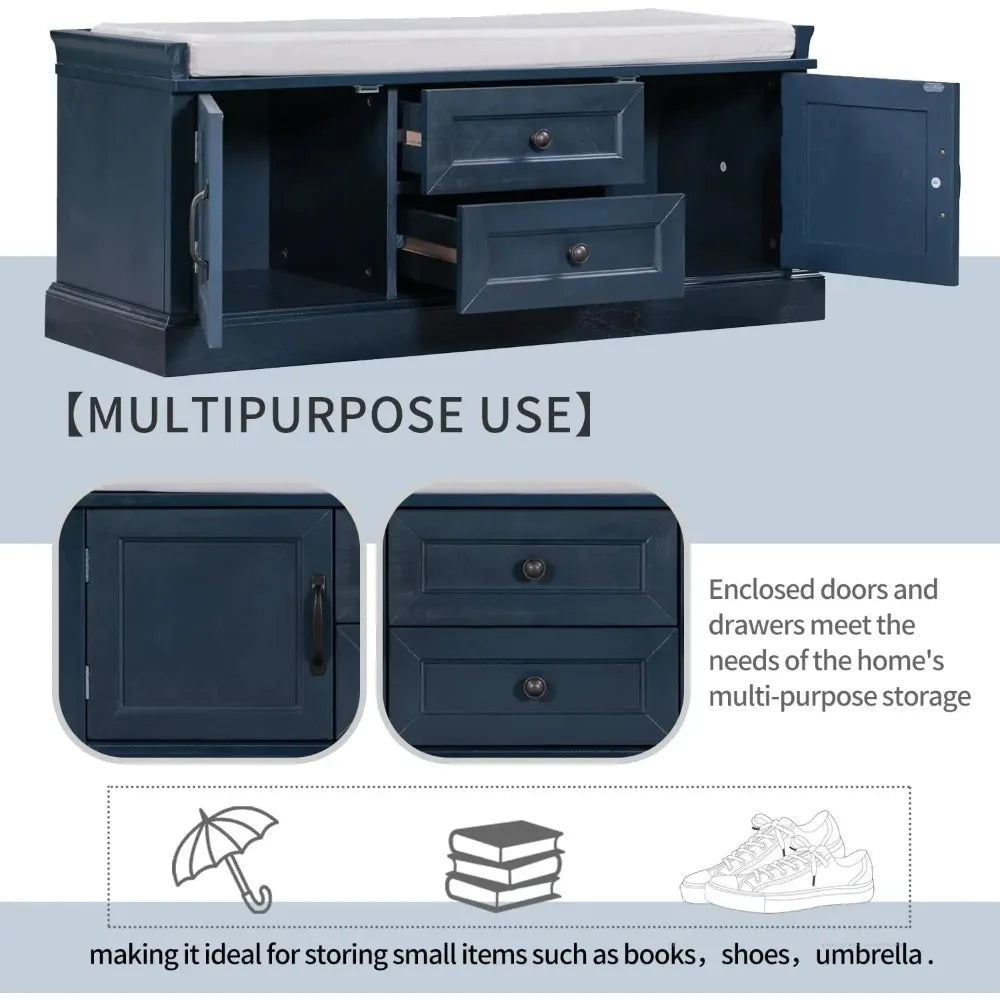 Vintage Entryway Bench with 2 Drawers and 2 Cabinets Wooden Shoe Storage