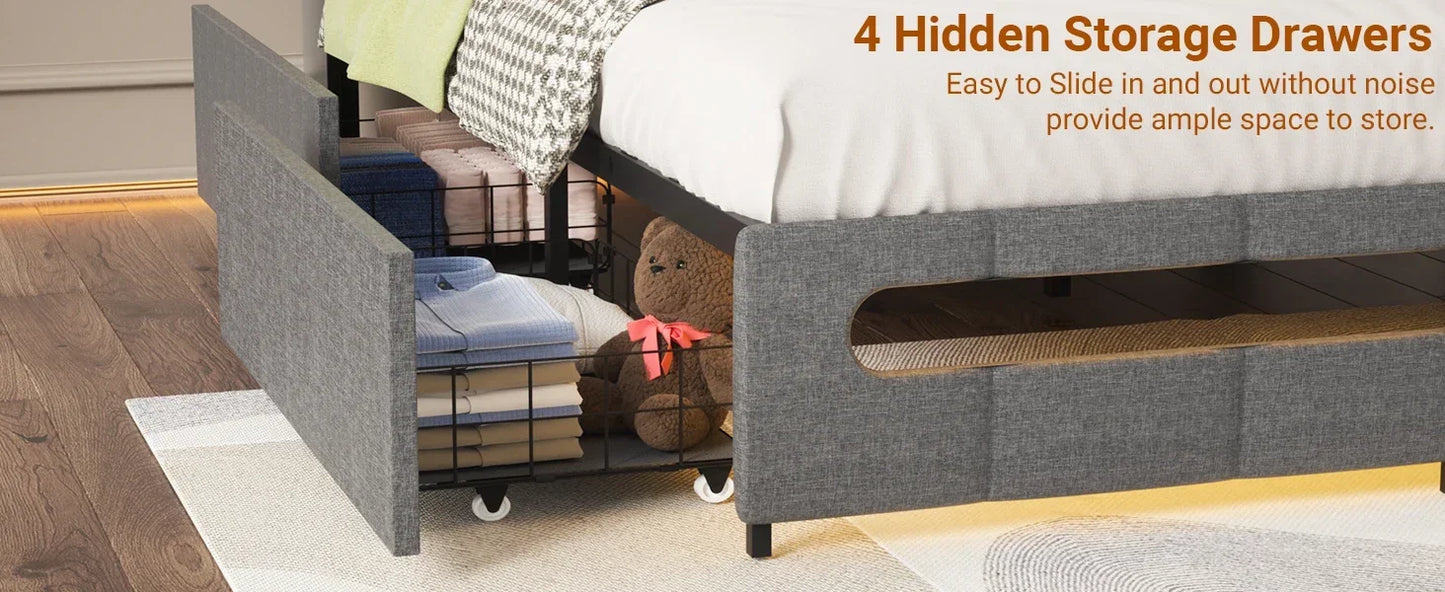 Ljustra Upholstered Full Bed Frame with Storage Headboard and LED Light