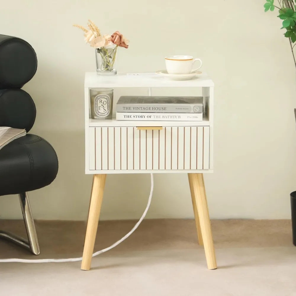 White Nightstand with Charging Station Mid Century Modern Bedside Table