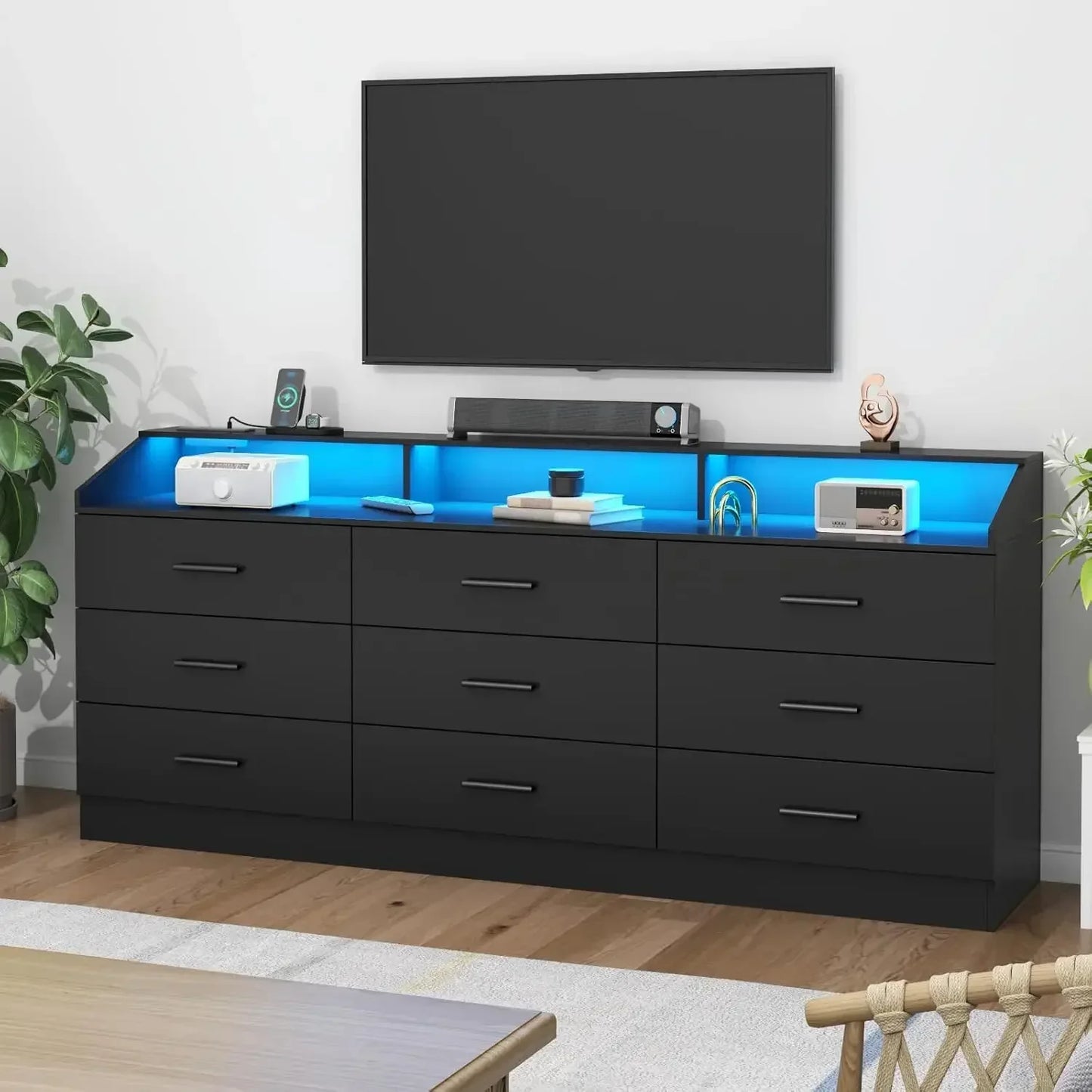 Modern Dresser with Power Outlet LED Light Open Storage Organizer