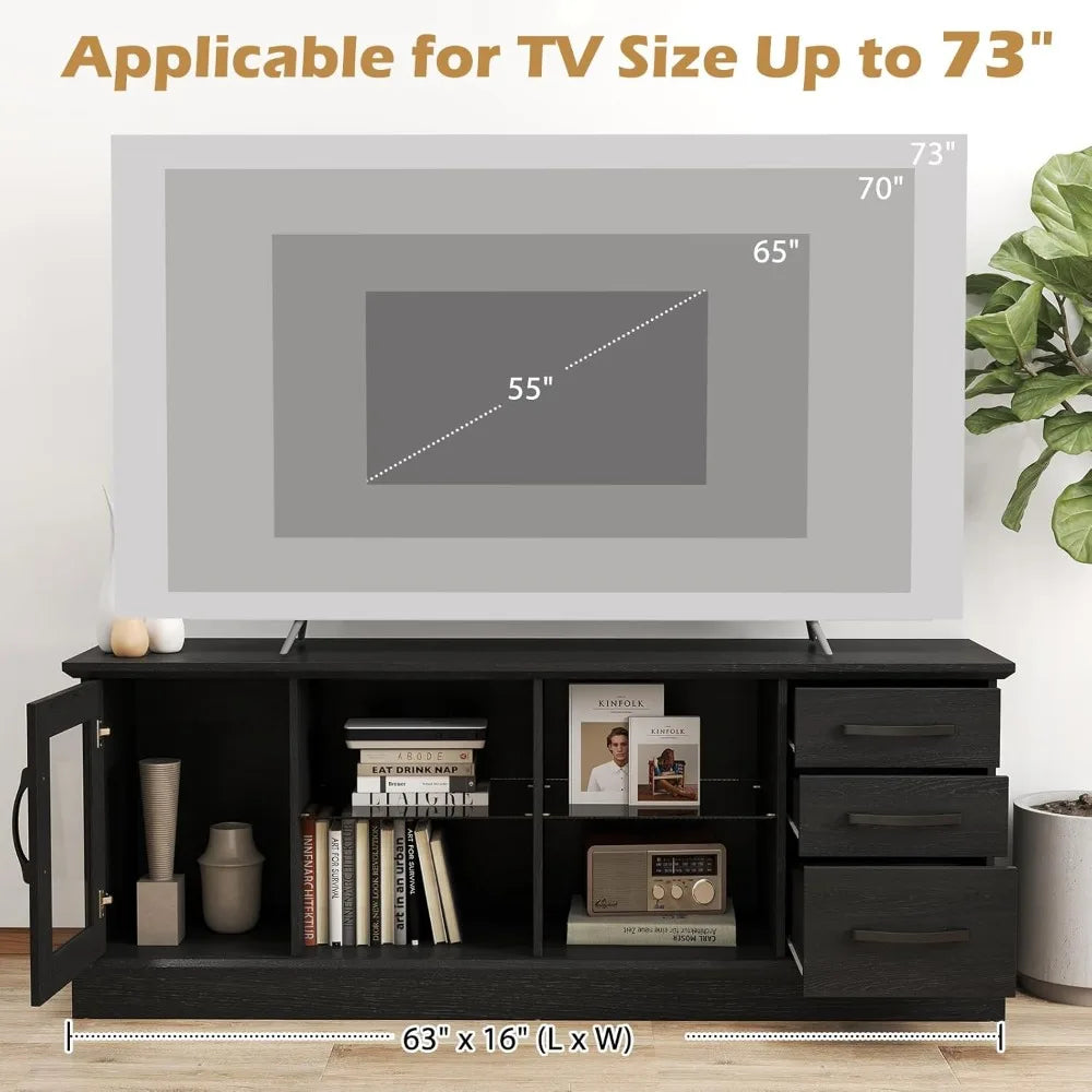 Farmhouse TV Stand Modern Wood Console Table with Glass Shelves and Drawers