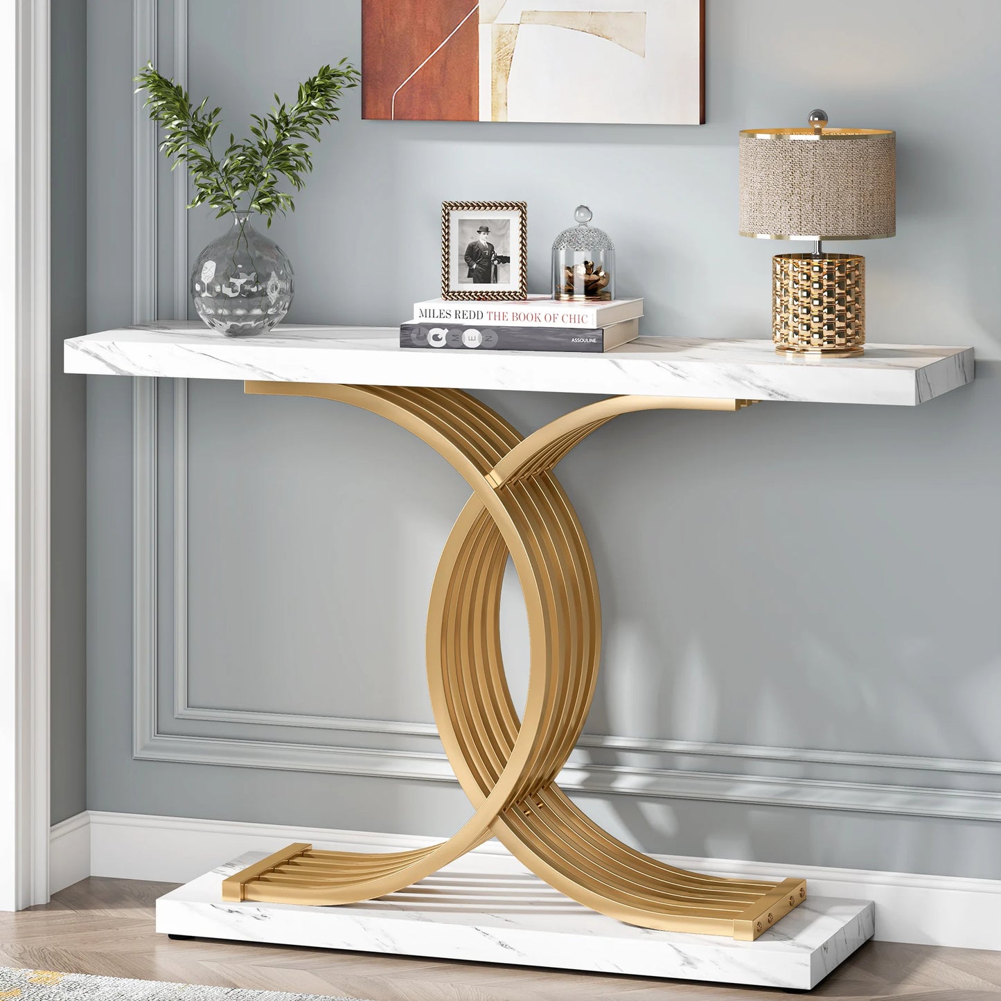 Ljustra Modern 39-Inch Console Table Faux Marble Gold Metal Legs