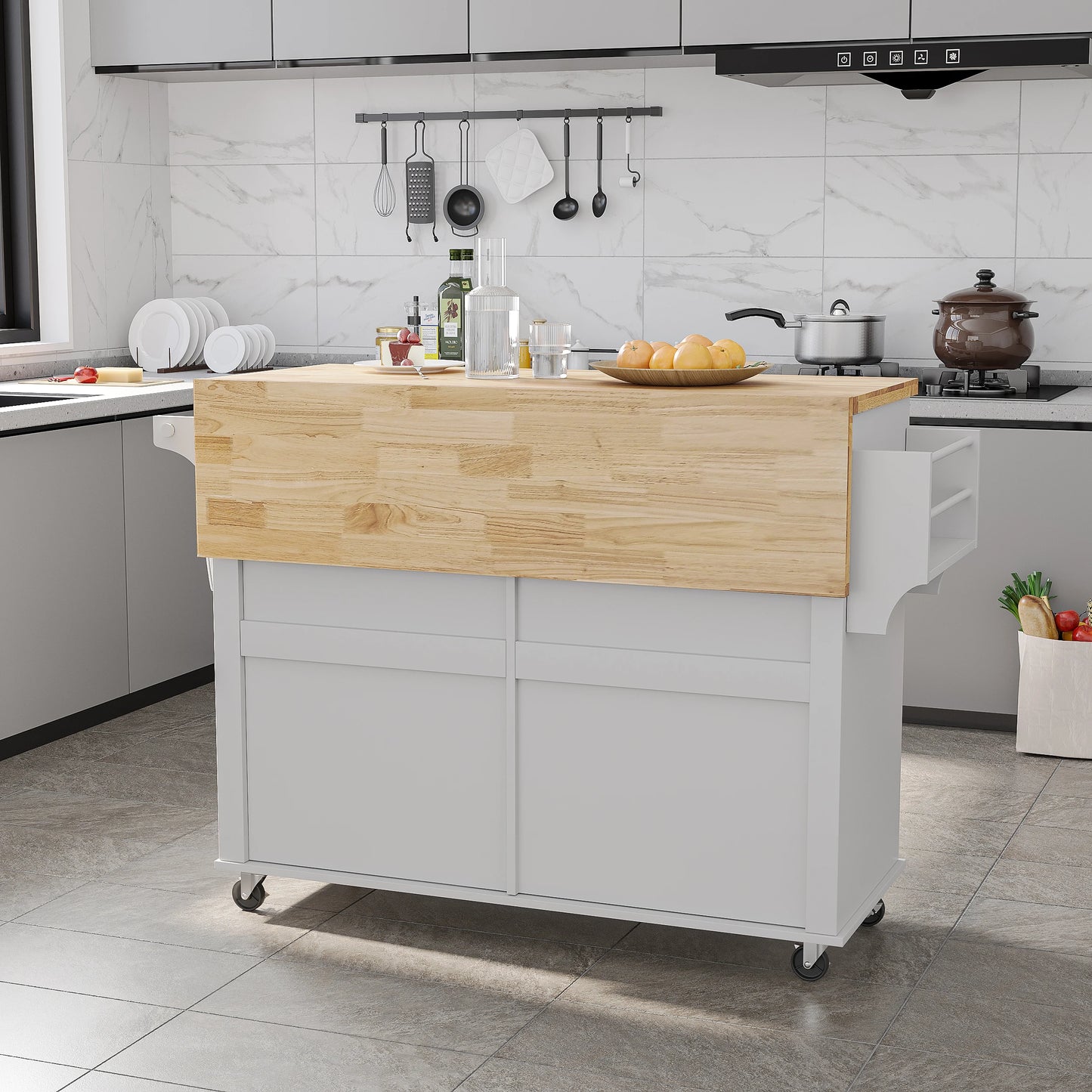Rolling Kitchen Island on Wheels with Drop Leaf Storage Cabinet