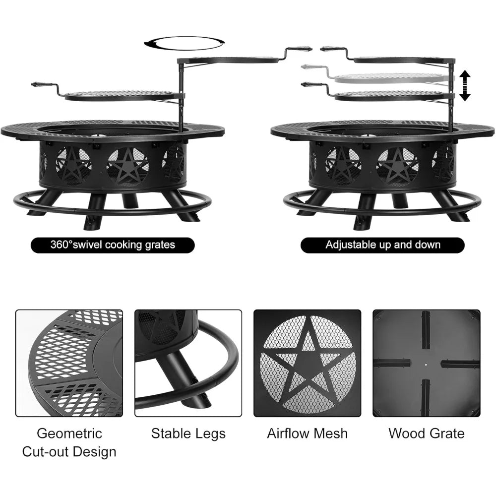 42 Inch Fire Pit with Grills Lid Poker Heavy Duty Outdoor BBQ