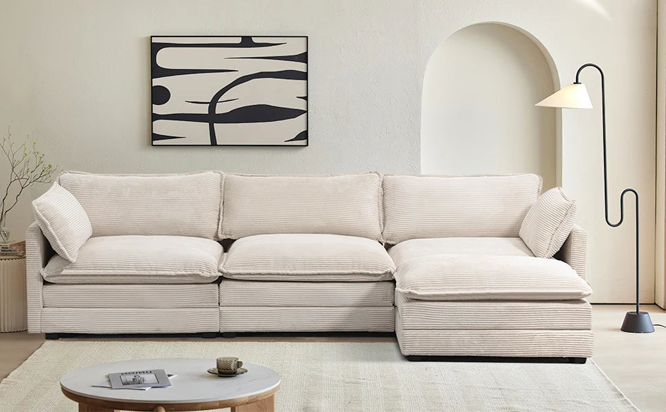 112 Inch 4 Seat L Shaped Modular Corduroy Sofa Set for Living Room