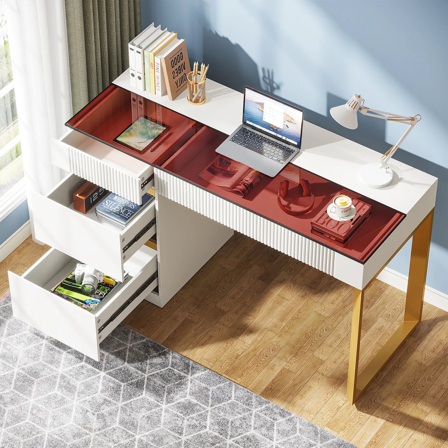 Modern 47 Inch Computer Desk with 4 Drawers Glass Top Home Office Furniture