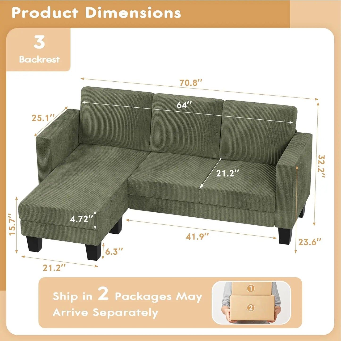 Ljustra Convertible Sectional Sofa Couch 3 Seat L-Shaped Small Space