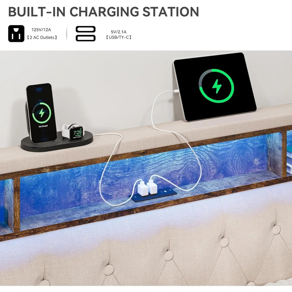 Ljustra King Bed Frame Upholstered Headboard LED Lights Charging Station