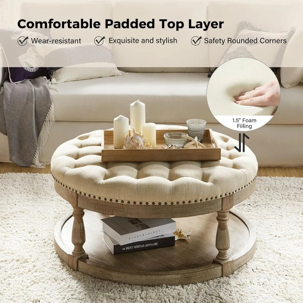 Ljustra Large Round Ottoman Coffee Table with Storage and Legs