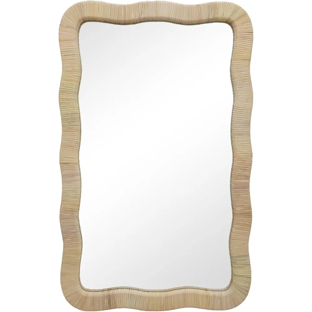 Rattan Wall Mirror Irregular Wave Decorative Mirror for Living Room Bedroom