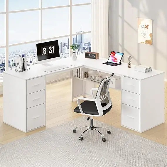 L Shaped Desk with Drawers Storage Corner Computer Desk Home Office