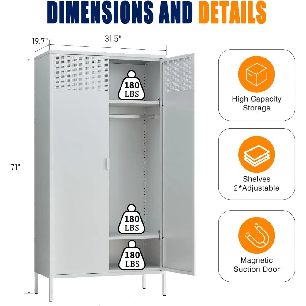 71 Inch Tall Steel Storage Locker Adjustable Shelves Hanging Rod