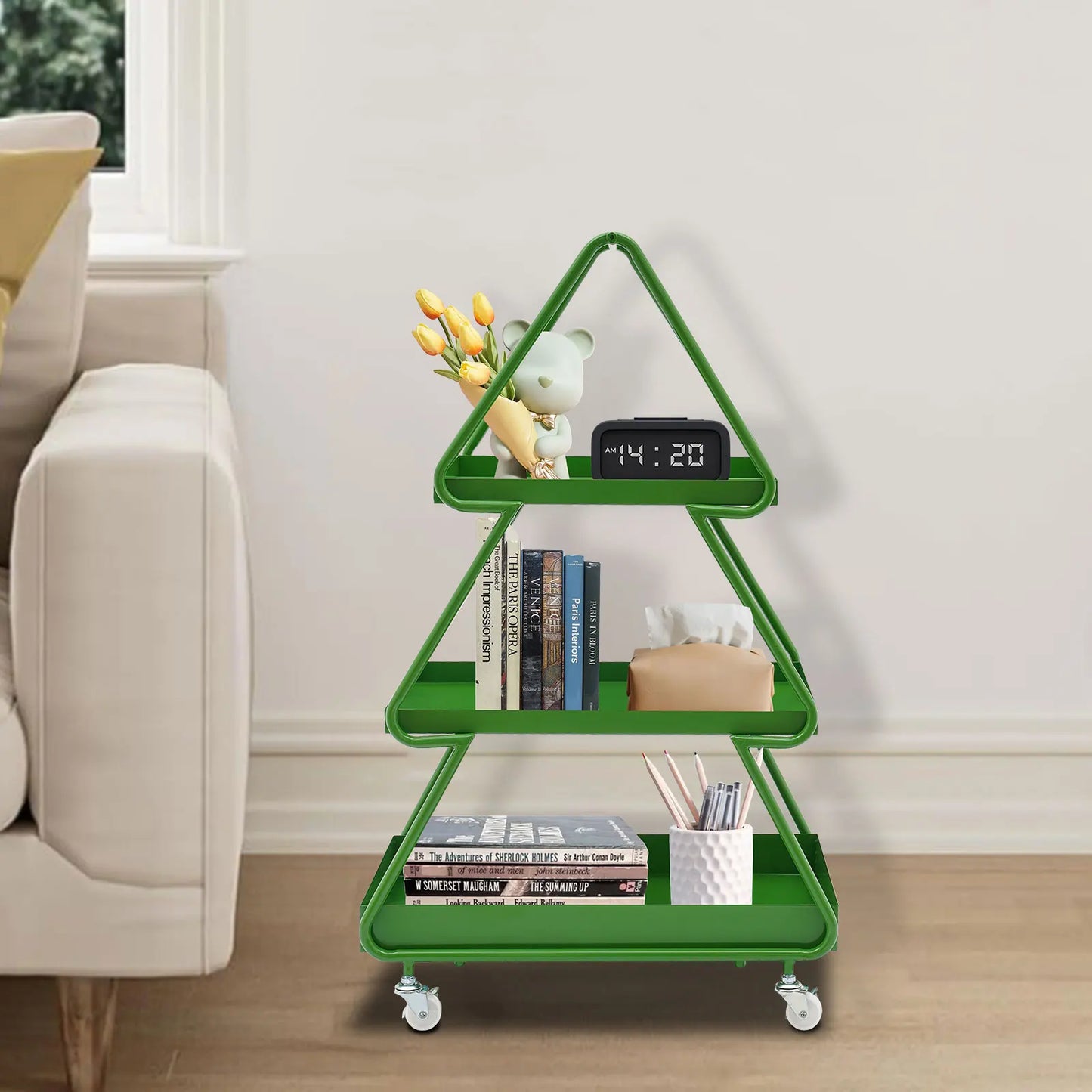 Christmas Tree Side Table Movable Iron Cart Sofa Cabinet with Wheels