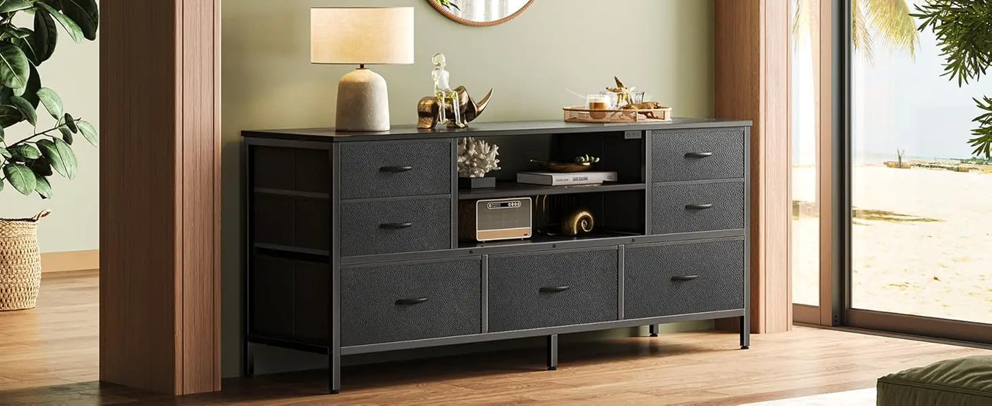 Modern TV Stand with Power Outlets LED Lights 7 Drawer Console