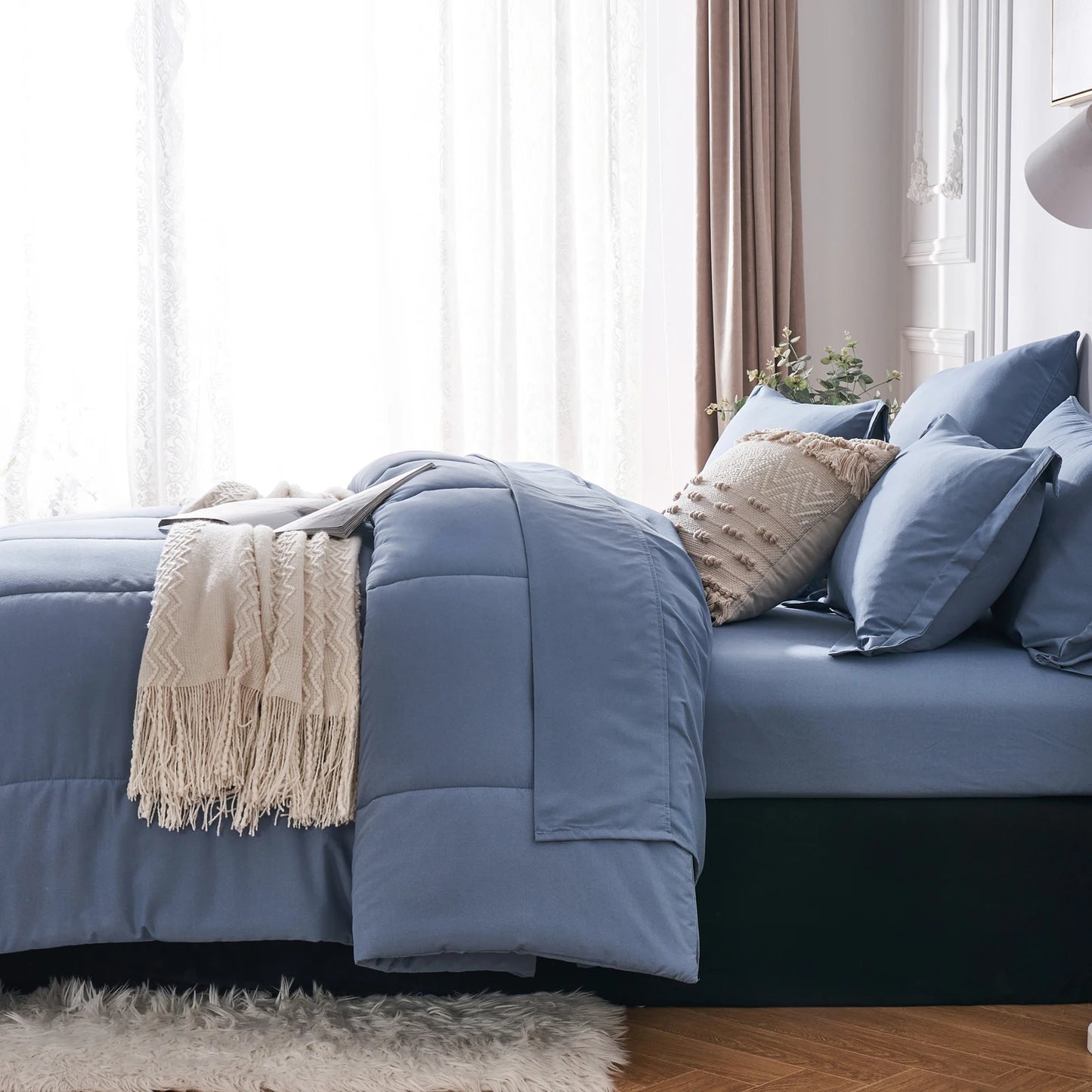 7 Piece Bed In A Bag Comforter Set Queen Stylish Solid Geometry Bedding