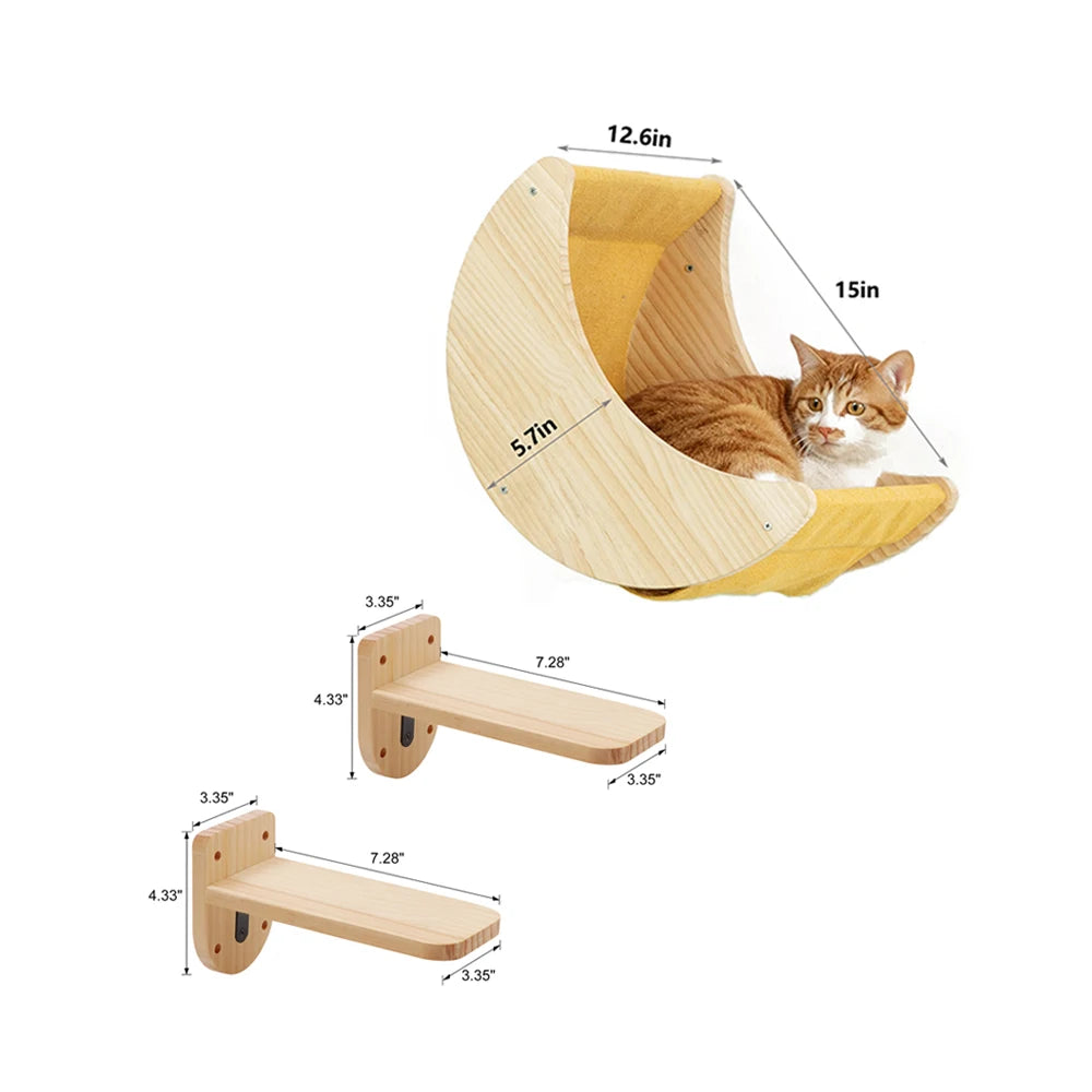 Cat Wall Shelf Moon Shaped Hammock Solid Wood Climbing Steps Indoor Furniture