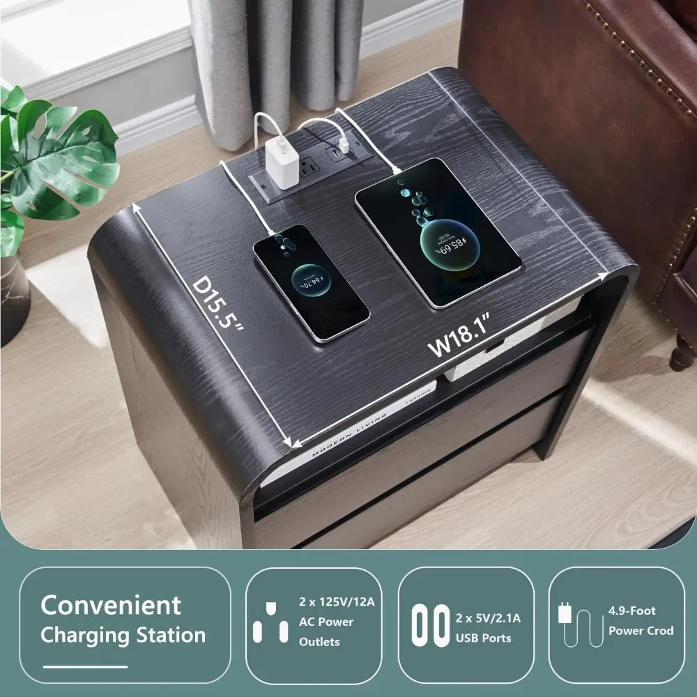 Modern Nightstand with Charging Station Mid Century Bedside Table