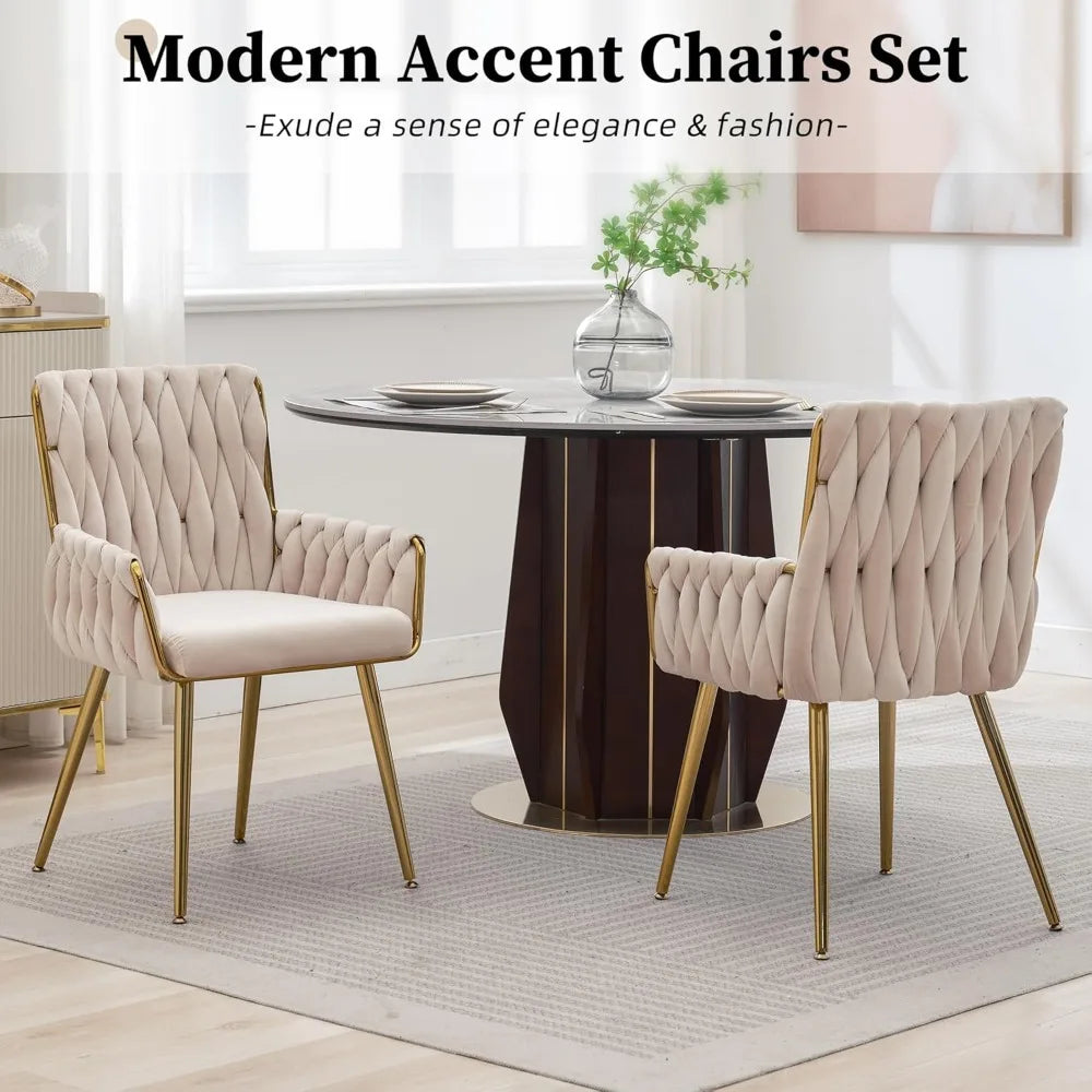 Office Desk Chair No Wheels Woven Velvet Vanity Chair Gold Metal Legs