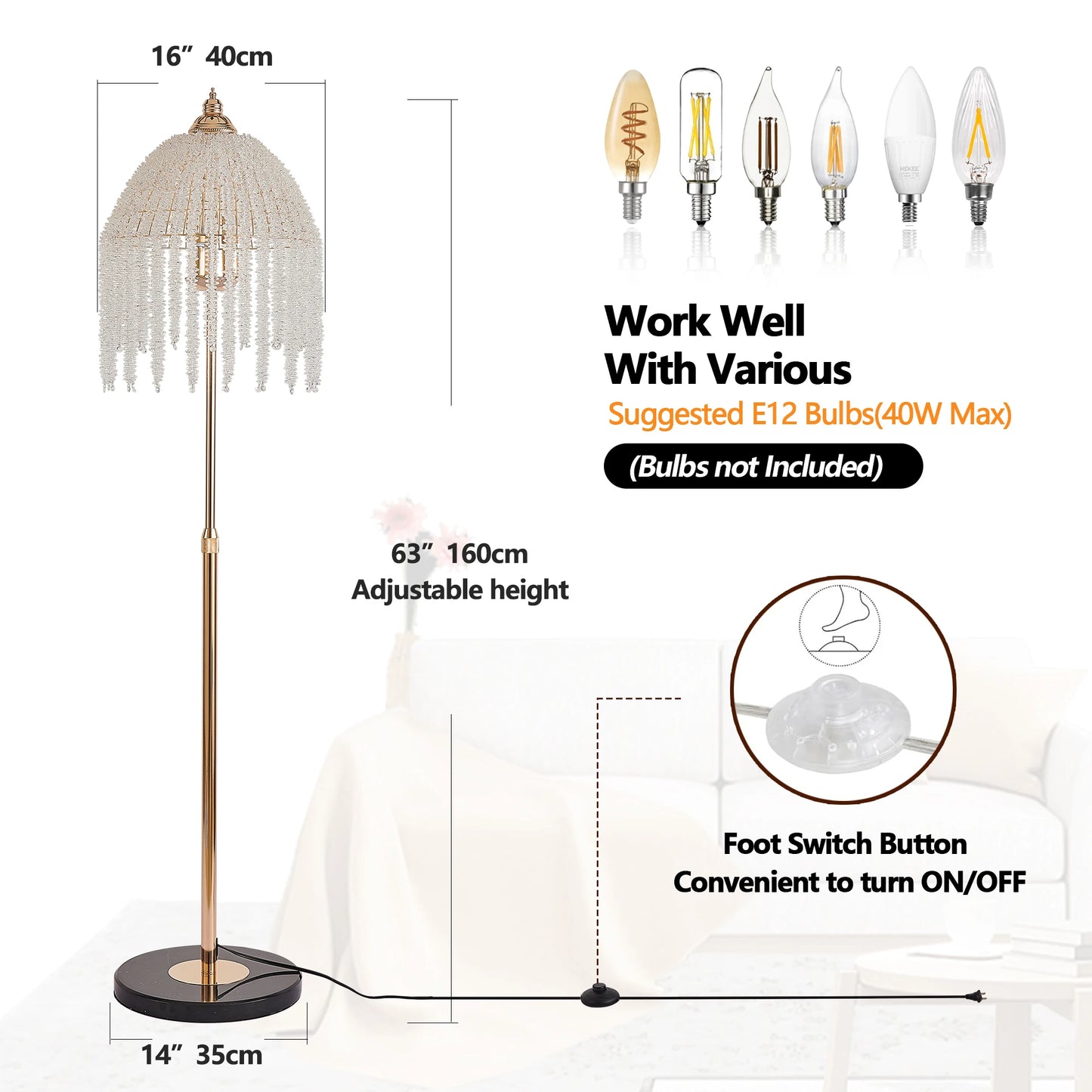 Elegant Crystal Floor Lamp Vintage Waterfall Design Marble Base