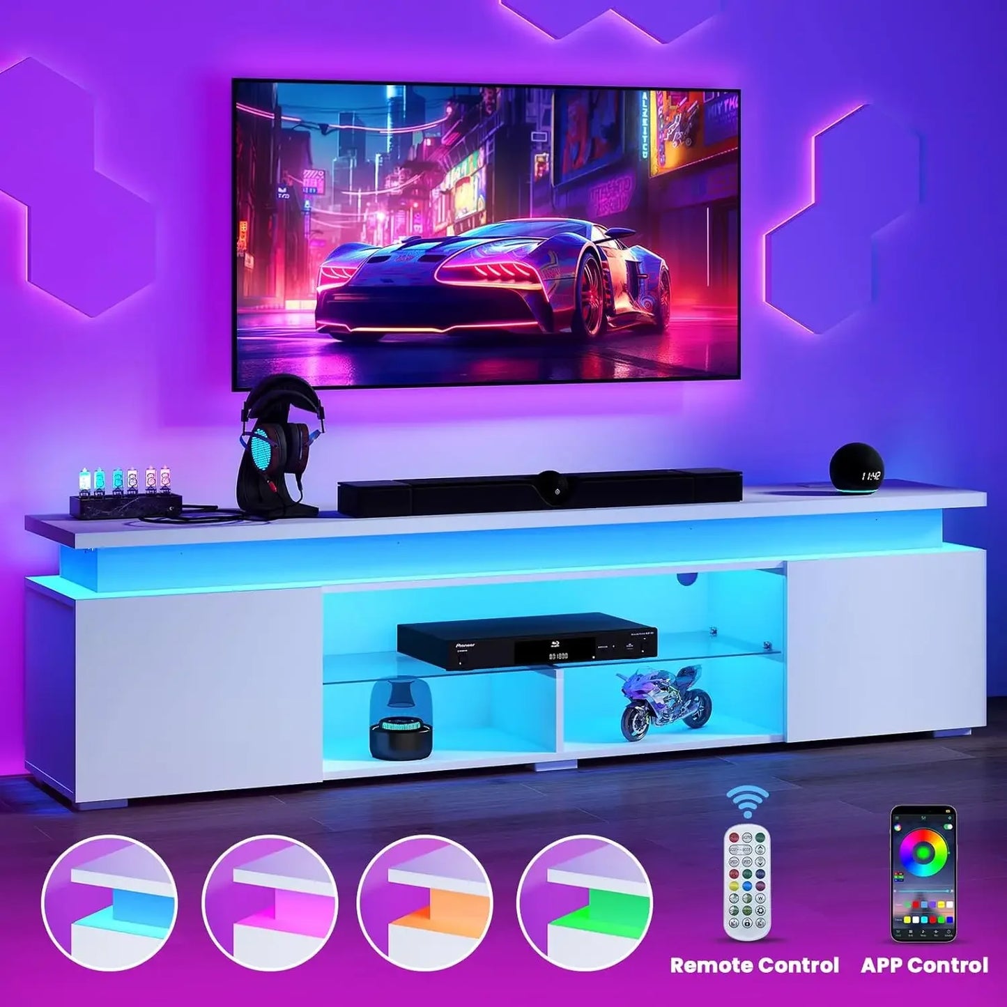 Sturdy Modern TV Stand for 85 Inch TVs with LED Lights and Power Outlet