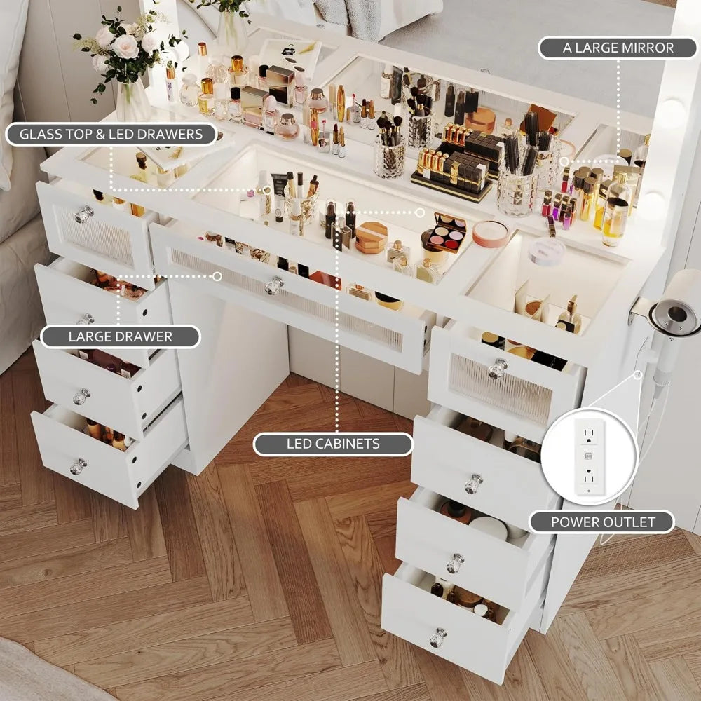 9 Drawers Vanity Desk with Large Mirror and Lights for Makeup