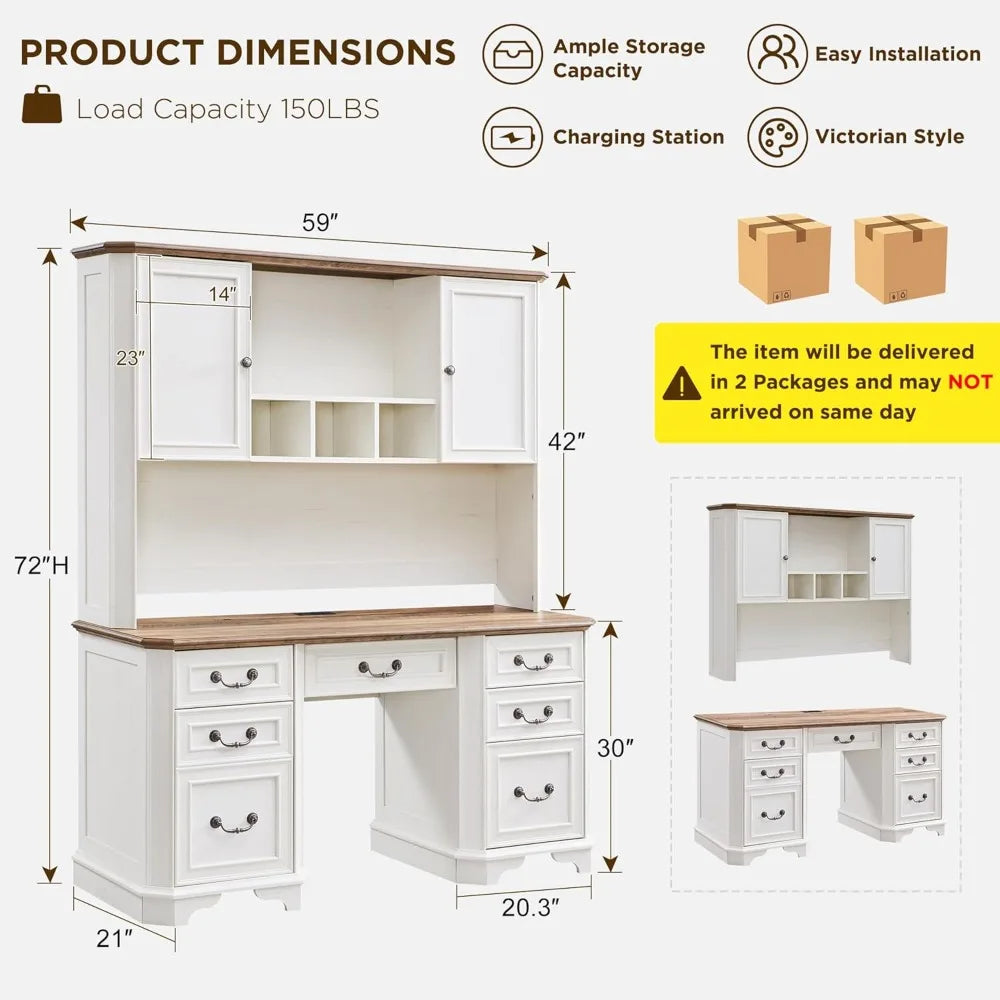 Farmhouse Executive Desk with Hutch Keyboard Tray Charging Station 59"