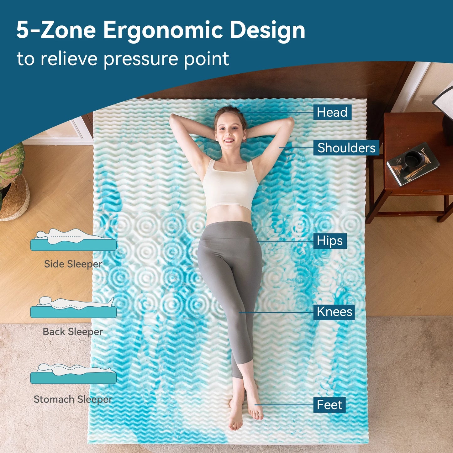 Ljustra 5-Zone Memory Foam Cooling Mattress Topper for Comfort Relief