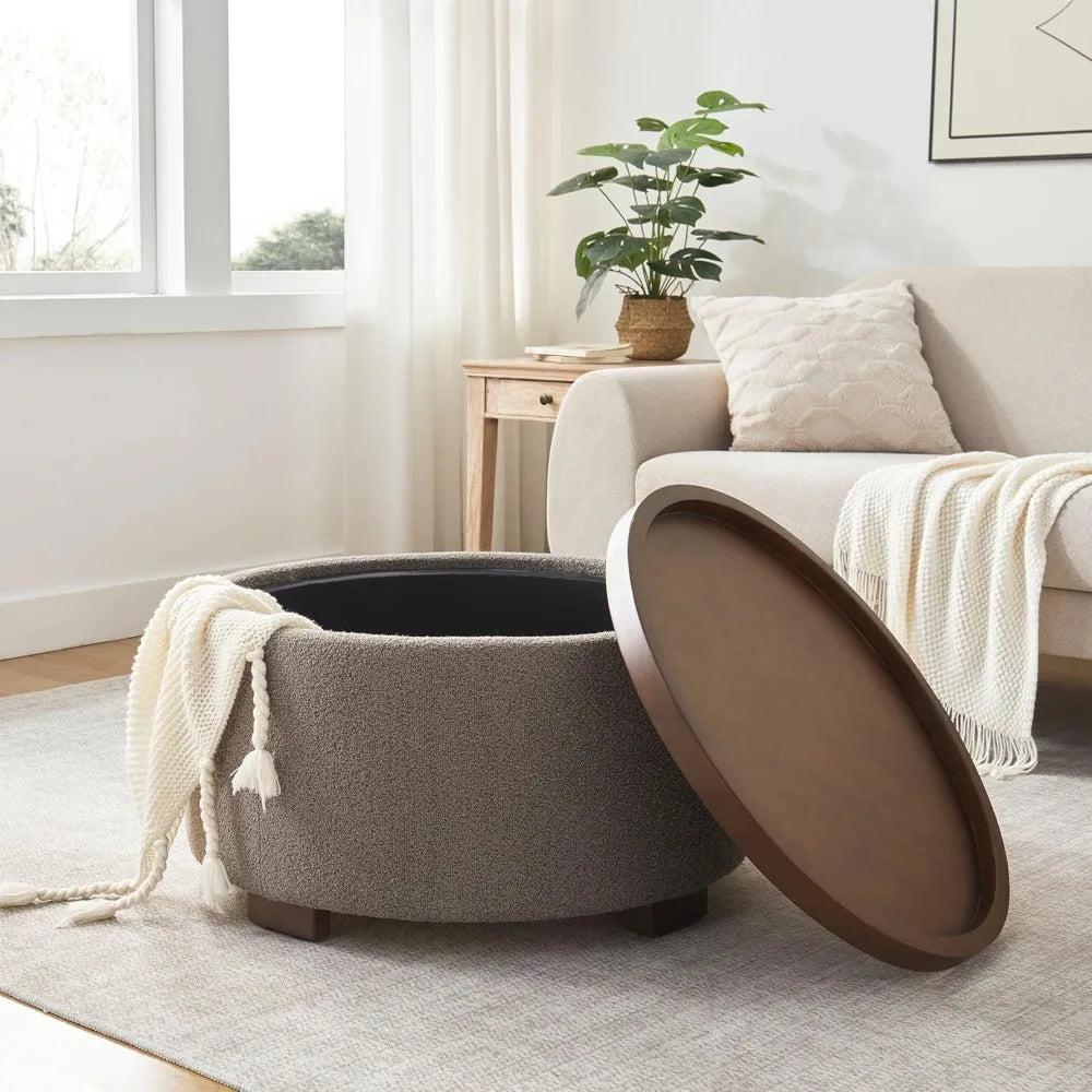 30 Inch Round Storage Ottoman Coffee Table Modern Boucle Lift-Off Lid