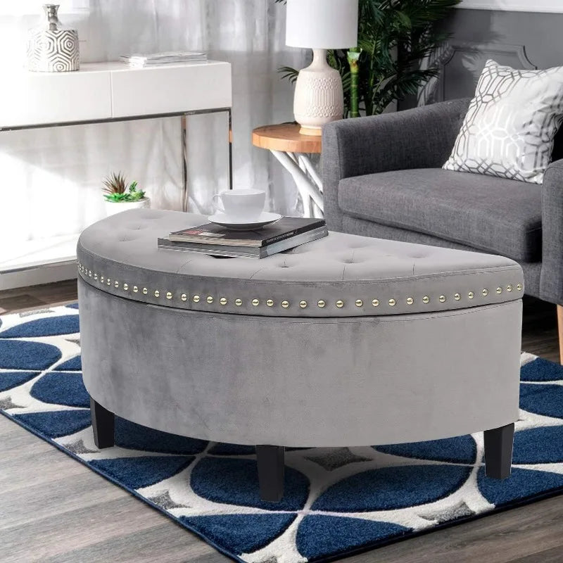 Tufted Lift Top Storage Ottoman Half Moon Footrest Stool Soft Seat