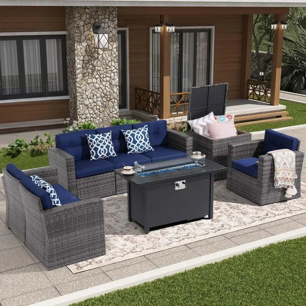 8 Piece Rattan Outdoor Patio Furniture Set with Fire Pit Table