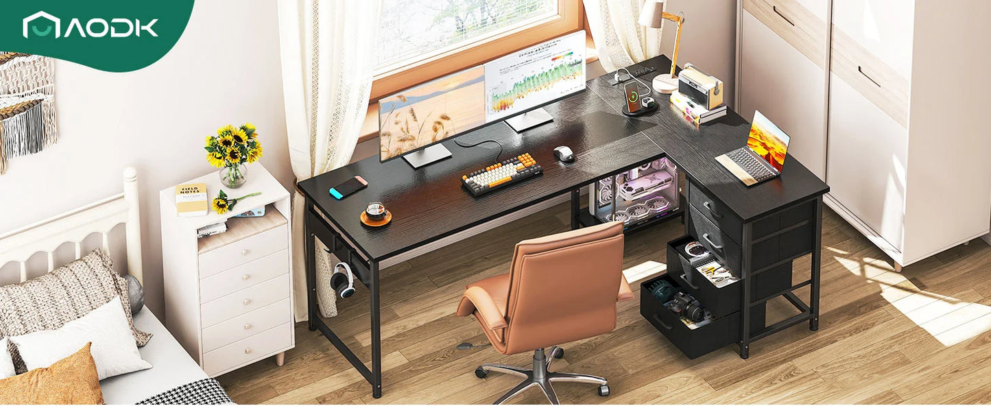 L Shaped Gaming Desk with 4 Drawers USB Charging Reversible Office Desk
