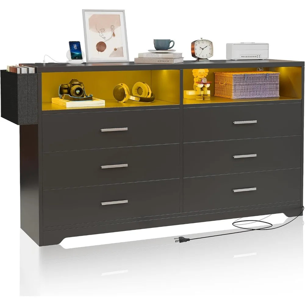 6 Drawer Dresser Charging Station Modern Chest of Drawers LED Lights