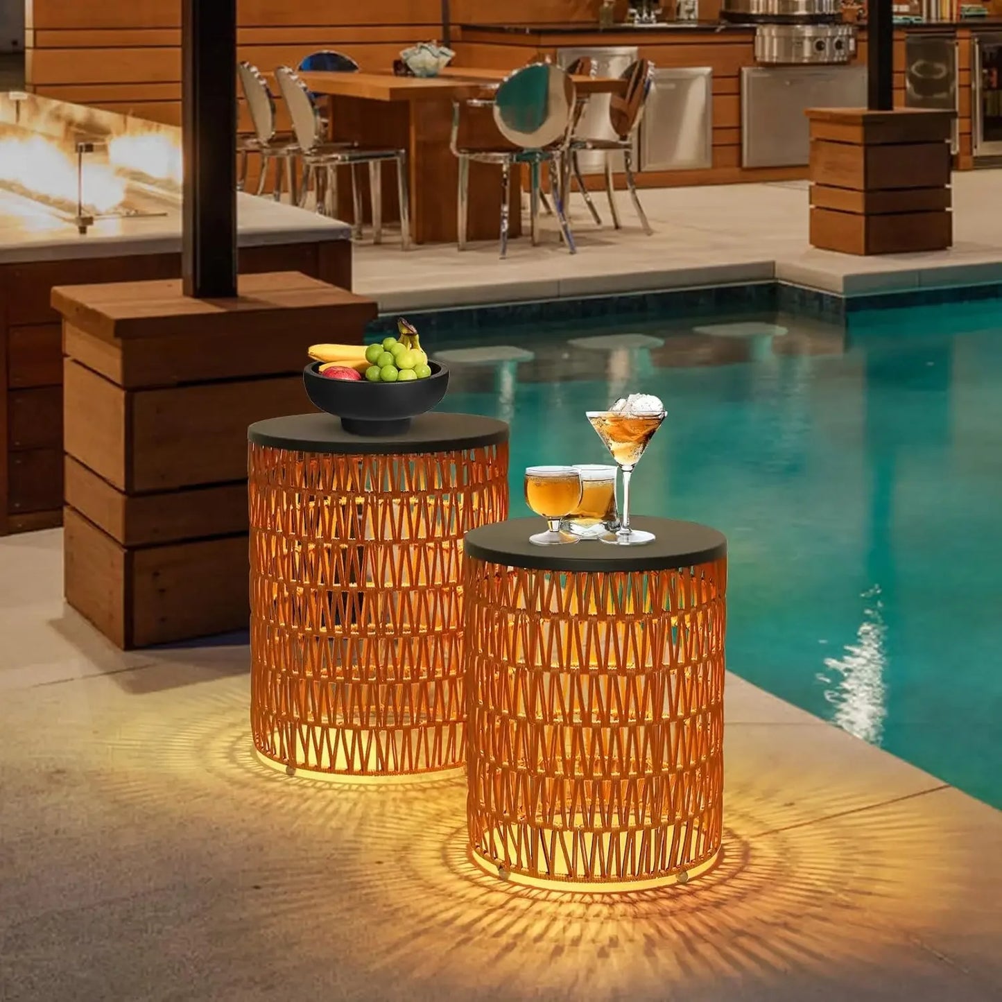 Outdoor Side Table with Dimmable Light Remote Control 2-Pack