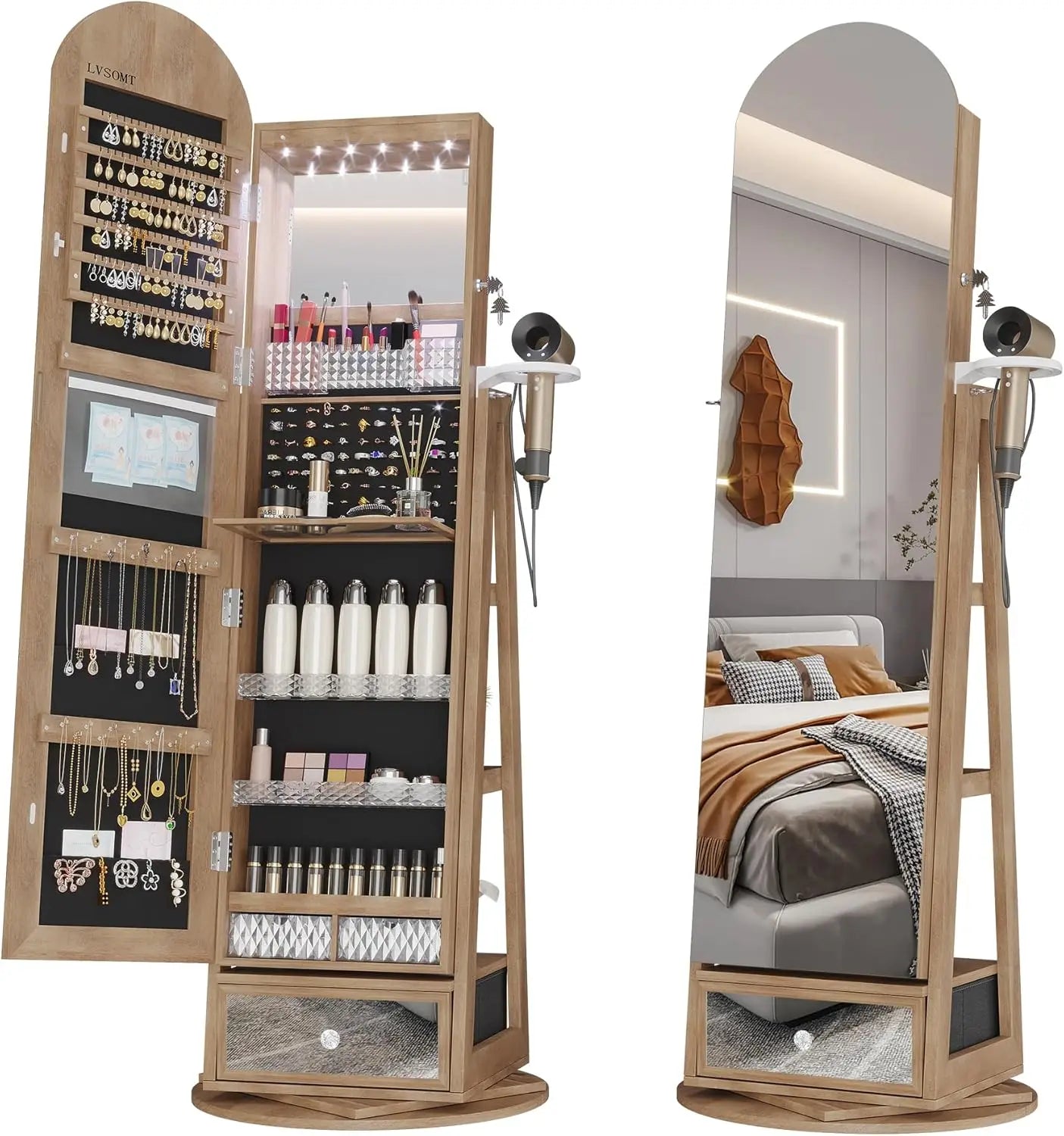 LED Mirror Jewelry Cabinet Lockable Standing Armoire with Adjustable Lights
