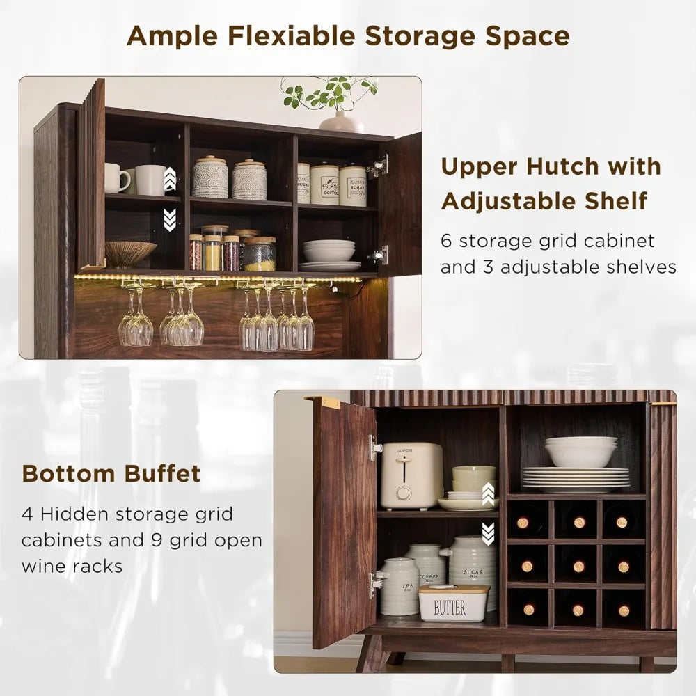 72 Inch Modern Wood Wine Bar Cabinet Storage Hutch with LED Lights