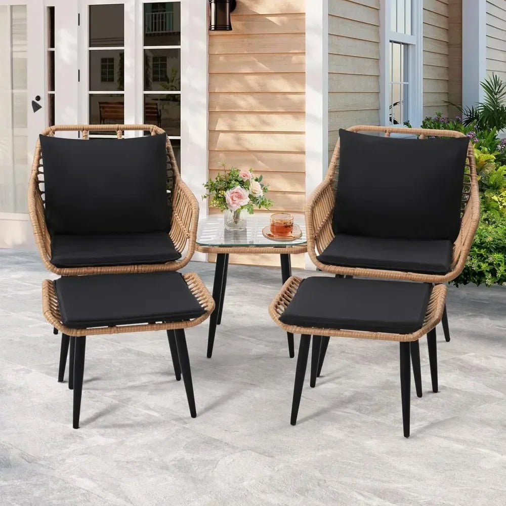 5 Piece Wicker Bistro Patio Furniture Set with Chairs Ottomans Table